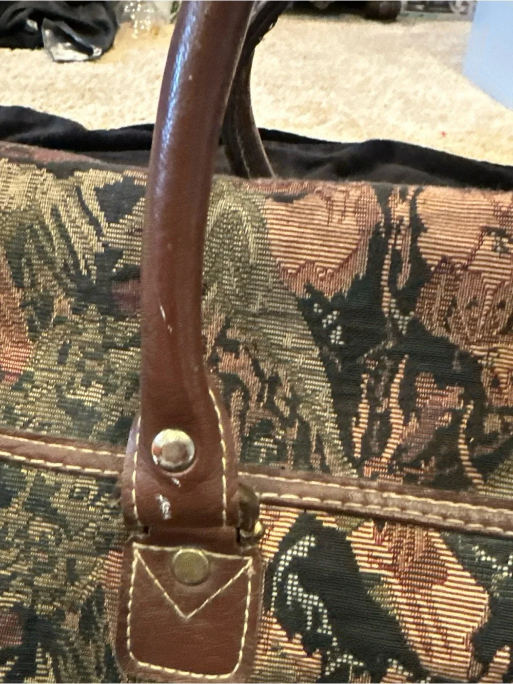 Capezio Brown Tapestry Duffel with Leather Trim Equestrian Hunt Scene